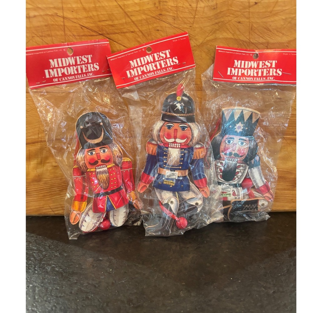 Vintage Midwest Importers Wood Nutcracker Jumping Jack Ornaments Set of 3 NOS